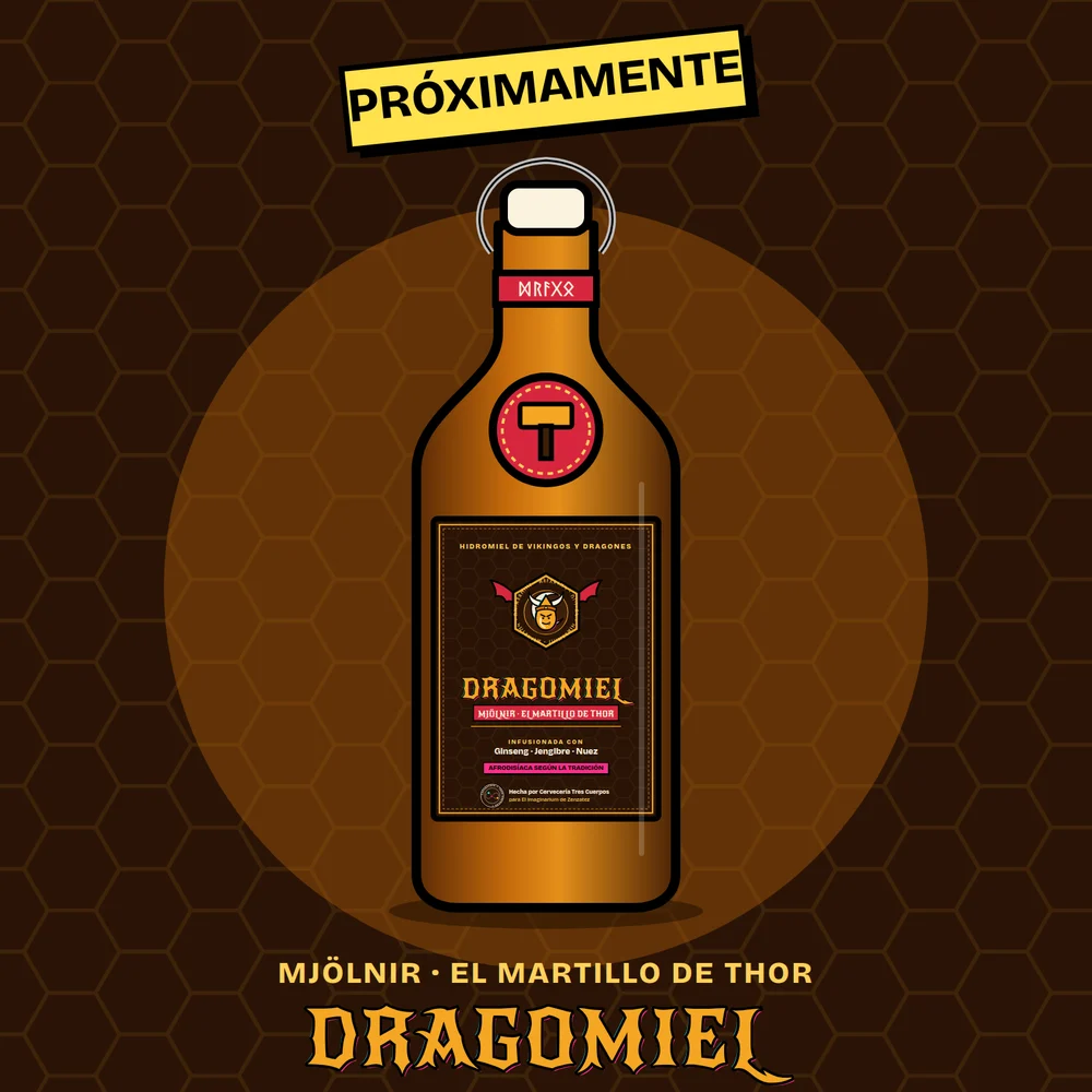 Botella de DRAGOMIEL con la etiqueta de Mjölnir, el Martillo de Thor